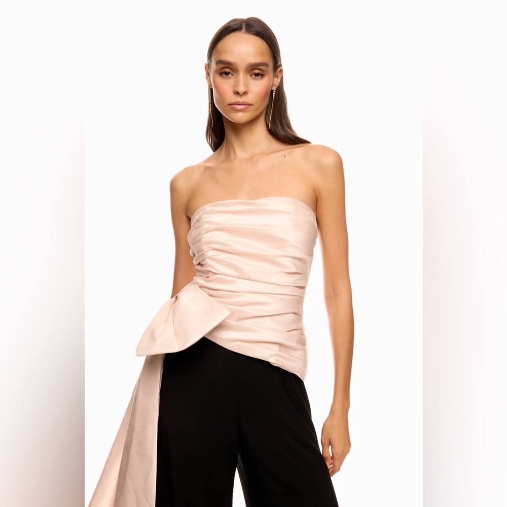 Hutch Blush Satin Strapless Peplum Top with Black Wide-Leg Pants